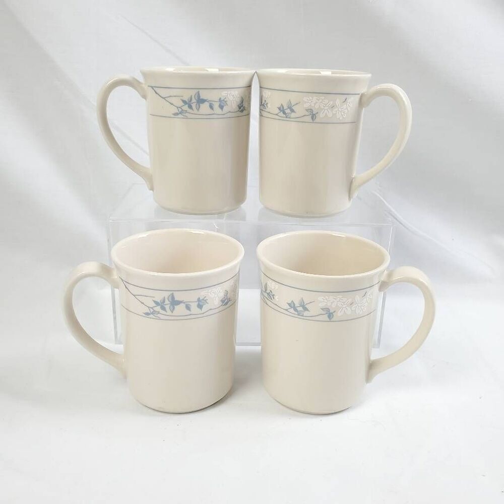 Set of 4 Corning Blue Vine Floral Stoneware Coffee Mugs USA